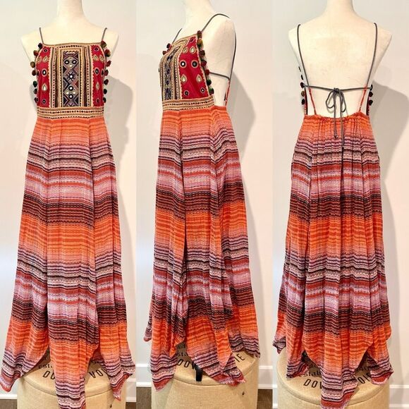 Free People Regina Mosaic embellished Ethnic Midi Designer Boho Chic Long Dress - Picture 1 of 16
